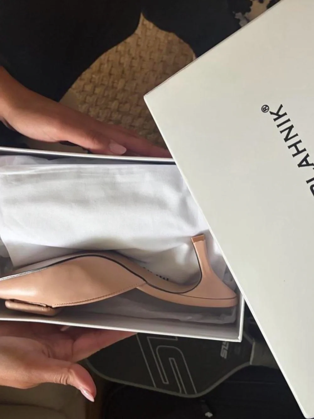 Manolo Blahnik Nude Tan Leather Square-Buckle Mule